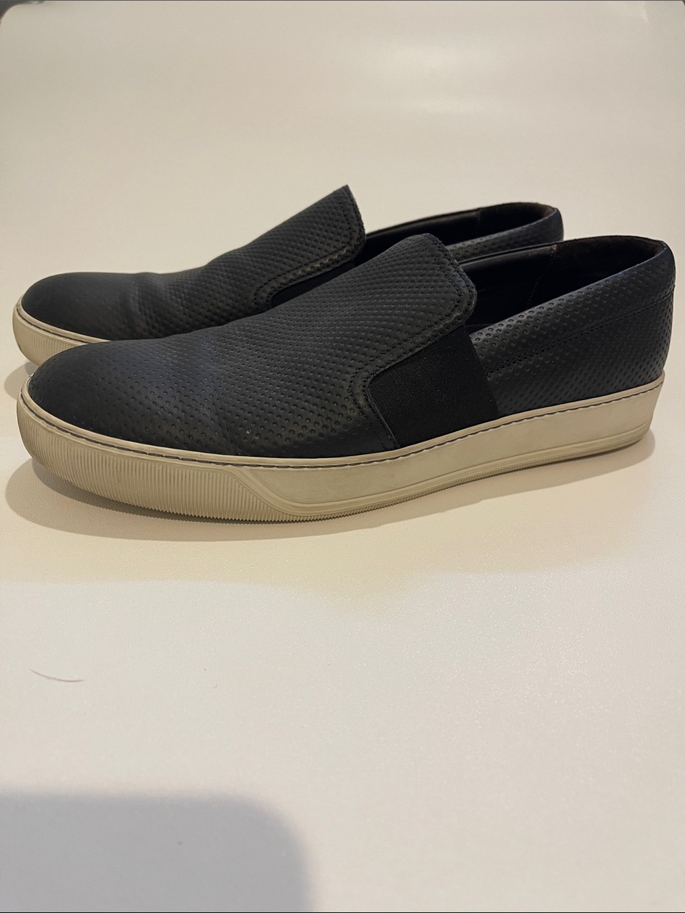 Lanvin Men's Black Slip-On Loafers with Cream Sole